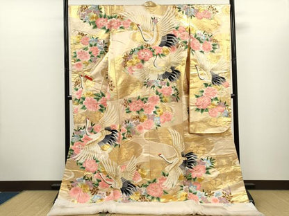 平和屋本店●色打掛　お引きずり　和装　婚礼　結婚式　花嫁　神社挙式　刺繍　飛鶴草花文　金糸　逸品　CABL8077ze