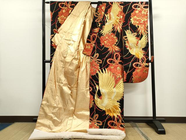平和屋本店●色打掛　お引きずり　和装　婚礼　結婚式　花嫁　神社挙式　刺繍　唐織　飛鶴花束文　黒地　金糸　逸品　CABL8082ze