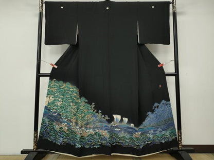 平和屋着物●本場加賀友禅作家　杉浦伸　黒留袖　飛鳥船草花文　暈し染め　正絹　逸品　CABL8419ut