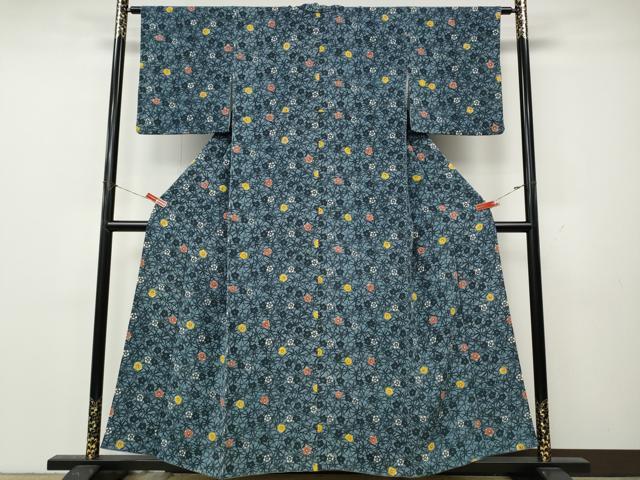 平和屋着物●上質な小紋　型染め　草花文　鬼しぼ縮緬　正絹　逸品　CABL8421ut