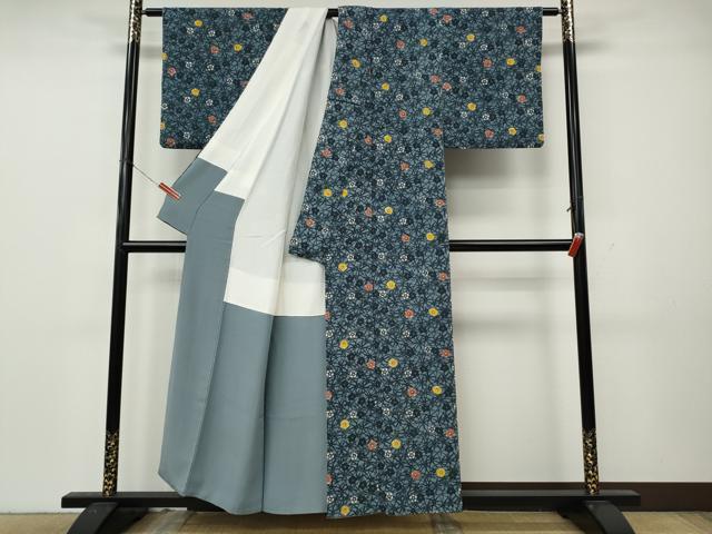 平和屋着物●上質な小紋　型染め　草花文　鬼しぼ縮緬　正絹　逸品　CABL8421ut