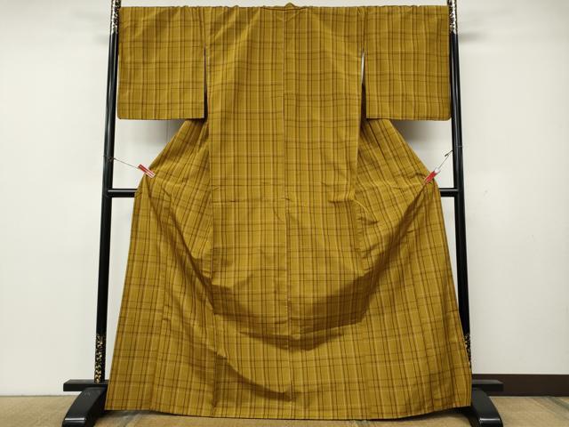 平和屋着物●本場黄八丈　紬　平織　格子柄　正絹　逸品　CABL8425ut