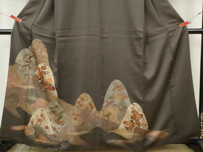 平和屋着物●訪問着　駒刺繍　遠山飛鶴草花文　金彩　正絹　逸品　CABL8433ut