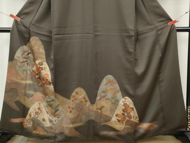 平和屋着物●訪問着　駒刺繍　遠山飛鶴草花文　金彩　正絹　逸品　CABL8433ut