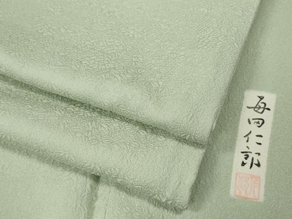 平和屋着物●本加賀友禅作家　毎田仁郎監修　色無地　草花地紋　白緑色　正絹　逸品　CABL8440ut