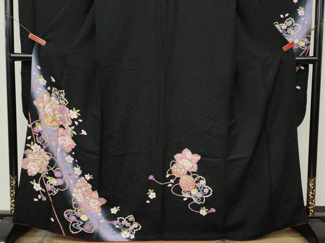 平和屋着物●豪華振袖　舞花鞠文　暈し染め　黒地　金彩　正絹　逸品　CABL8451ut