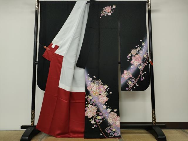 平和屋着物●豪華振袖　舞花鞠文　暈し染め　黒地　金彩　正絹　逸品　CABL8451ut