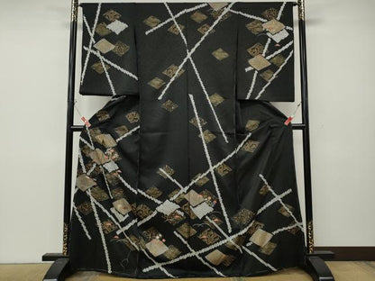 平和屋着物●訪問着　絞り　刺繍　菱花文　黒地　金彩　仮絵羽　正絹　逸品　未使用　CABL8478ut