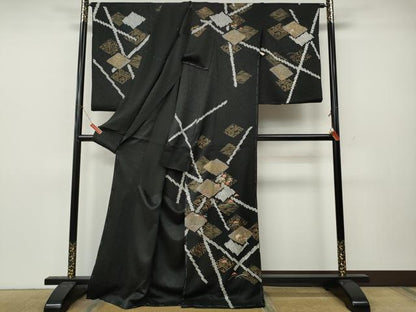 平和屋着物●訪問着　絞り　刺繍　菱花文　黒地　金彩　仮絵羽　正絹　逸品　未使用　CABL8478ut