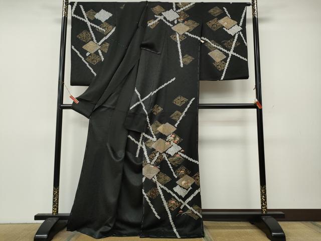 平和屋着物●訪問着　絞り　刺繍　菱花文　黒地　金彩　仮絵羽　正絹　逸品　未使用　CABL8478ut