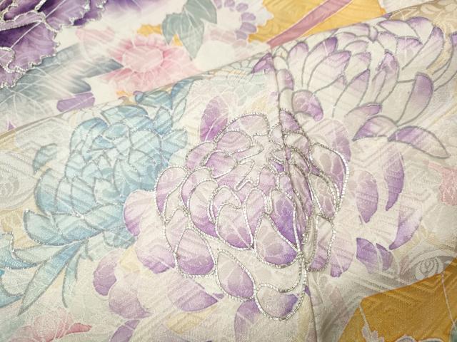 平和屋着物●豪華振袖　駒刺繍　絞り　扇面花文　銀彩　正絹　逸品　CABL8482ut