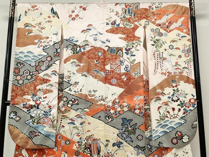 平和屋着物●豪華振袖　駒刺繍　御所車飛鶴花文　金彩　正絹　逸品　CABL8483ut