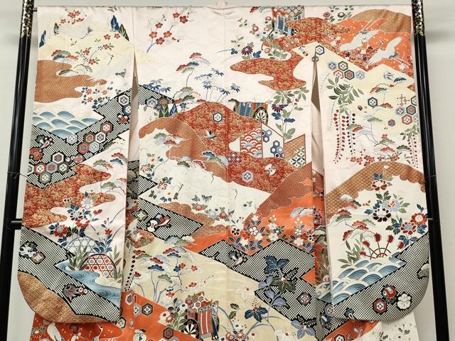 平和屋着物●豪華振袖　駒刺繍　御所車飛鶴花文　金彩　正絹　逸品　CABL8483ut