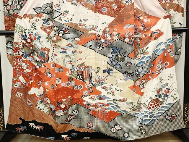 平和屋着物●豪華振袖　駒刺繍　御所車飛鶴花文　金彩　正絹　逸品　CABL8483ut
