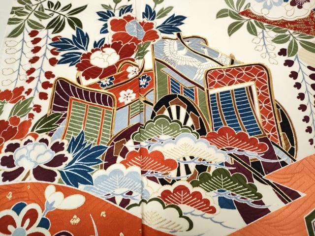 平和屋着物●豪華振袖　駒刺繍　御所車飛鶴花文　金彩　正絹　逸品　CABL8483ut