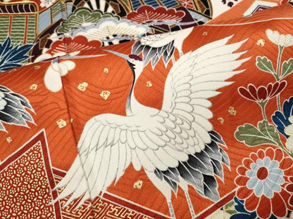 平和屋着物●豪華振袖　駒刺繍　御所車飛鶴花文　金彩　正絹　逸品　CABL8483ut