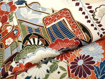 平和屋着物●豪華振袖　駒刺繍　御所車飛鶴花文　金彩　正絹　逸品　CABL8483ut
