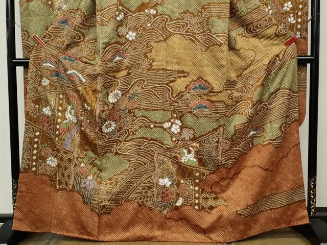 平和屋着物●豪華振袖　総絞り　屏風鶴花文　金銀彩　正絹　逸品　CABL8522ut