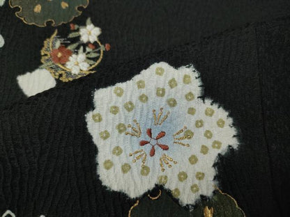 平和屋着物●訪問着　絞り　刺繍　舞花文　黒地　金彩　正絹　逸品　CABL8553ut