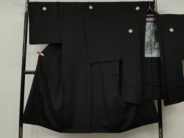 平和屋着物●男性　黒紋付・羽織セット　羽裏：風景文　正絹　逸品　CABL8610ut