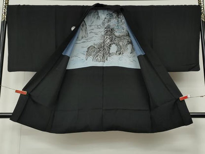 平和屋着物●男性　黒紋付・羽織セット　羽裏：風景文　正絹　逸品　CABL8610ut