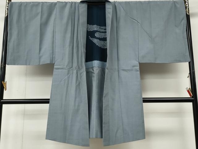 平和屋着物●男性　紬　アンサンブル　灰青色　キングサイズ　正絹　逸品　CABL8614ut
