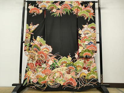 平和屋本店●アンティーク　大正ロマン　振袖　駒刺繍　扇面御所車花文　金彩　正絹　逸品　CABL8628ut