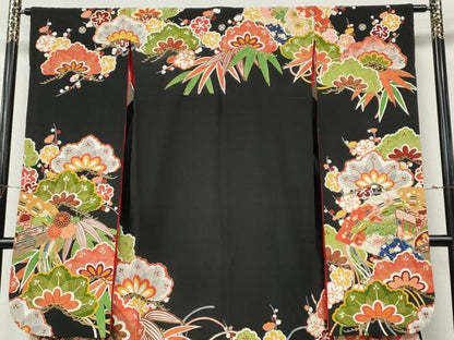 平和屋本店●アンティーク　大正ロマン　振袖　駒刺繍　扇面御所車花文　金彩　正絹　逸品　CABL8628ut