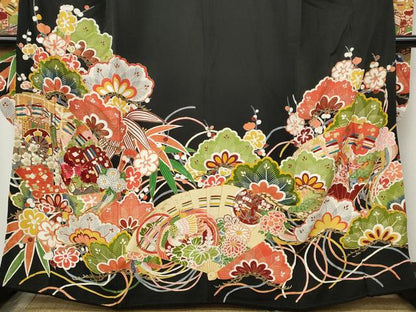 平和屋本店●アンティーク　大正ロマン　振袖　駒刺繍　扇面御所車花文　金彩　正絹　逸品　CABL8628ut