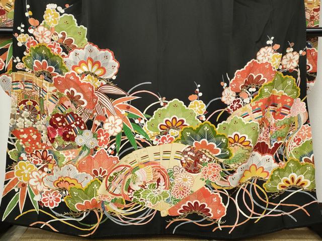 平和屋本店●アンティーク　大正ロマン　振袖　駒刺繍　扇面御所車花文　金彩　正絹　逸品　CABL8628ut