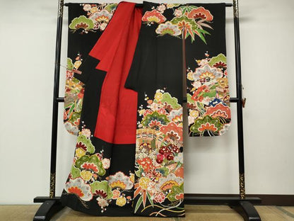 平和屋本店●アンティーク　大正ロマン　振袖　駒刺繍　扇面御所車花文　金彩　正絹　逸品　CABL8628ut