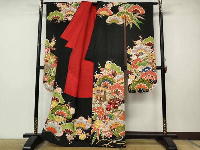 平和屋本店●アンティーク　大正ロマン　振袖　駒刺繍　扇面御所車花文　金彩　正絹　逸品　CABL8628ut