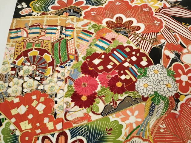平和屋本店●アンティーク　大正ロマン　振袖　駒刺繍　扇面御所車花文　金彩　正絹　逸品　CABL8628ut