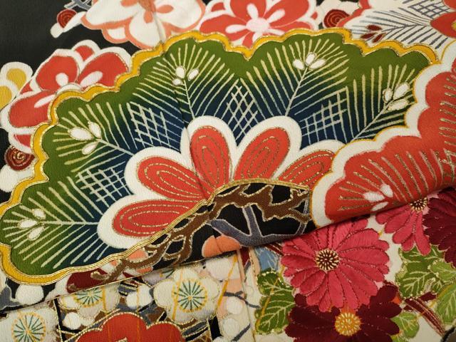 平和屋本店●アンティーク　大正ロマン　振袖　駒刺繍　扇面御所車花文　金彩　正絹　逸品　CABL8628ut