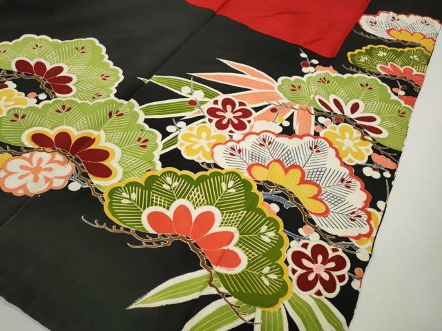 平和屋本店●アンティーク　大正ロマン　振袖　駒刺繍　扇面御所車花文　金彩　正絹　逸品　CABL8628ut