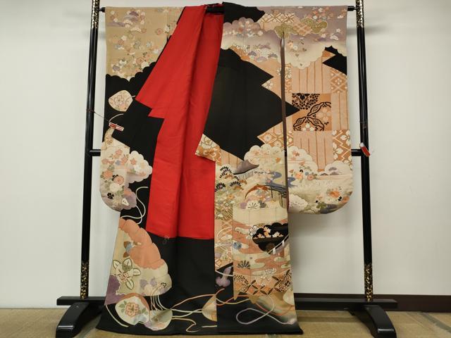 平和屋本店●アンティーク 大正ロマン お引きずり・お引き摺り・引き振袖 掛下セット 貝桶草花文 暈し染め 金彩 正絹 逸品 CABL8629ut