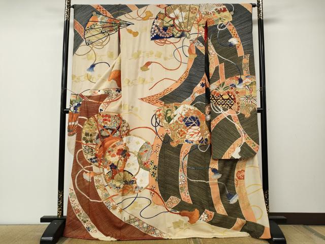 平和屋本店●アンティーク　大正ロマン　振袖　駒刺繍　鼓花文　金彩　正絹　逸品　CABL8631ut