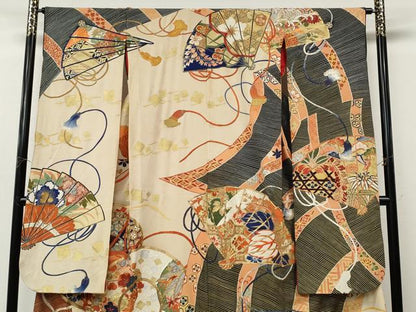 平和屋本店●アンティーク　大正ロマン　振袖　駒刺繍　鼓花文　金彩　正絹　逸品　CABL8631ut
