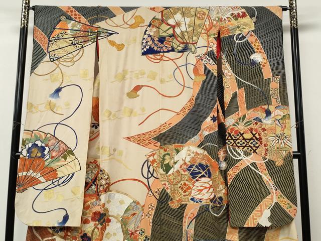 平和屋本店●アンティーク　大正ロマン　振袖　駒刺繍　鼓花文　金彩　正絹　逸品　CABL8631ut