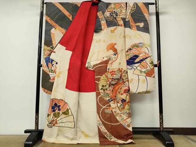 平和屋本店●アンティーク　大正ロマン　振袖　駒刺繍　鼓花文　金彩　正絹　逸品　CABL8631ut