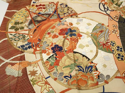 平和屋本店●アンティーク　大正ロマン　振袖　駒刺繍　鼓花文　金彩　正絹　逸品　CABL8631ut