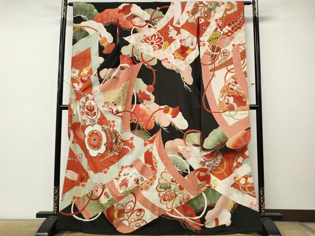 平和屋本店●アンティーク　大正ロマン　振袖　駒刺繍　鼓宝尽くし花文　金彩　正絹　逸品　CABL8632ut