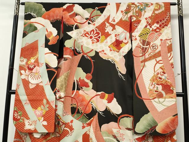 平和屋本店●アンティーク　大正ロマン　振袖　駒刺繍　鼓宝尽くし花文　金彩　正絹　逸品　CABL8632ut