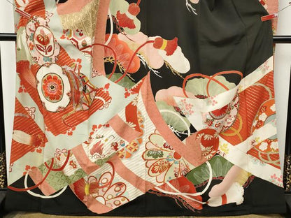 平和屋本店●アンティーク　大正ロマン　振袖　駒刺繍　鼓宝尽くし花文　金彩　正絹　逸品　CABL8632ut