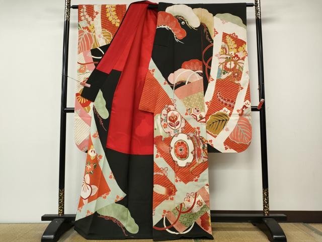 平和屋本店●アンティーク　大正ロマン　振袖　駒刺繍　鼓宝尽くし花文　金彩　正絹　逸品　CABL8632ut