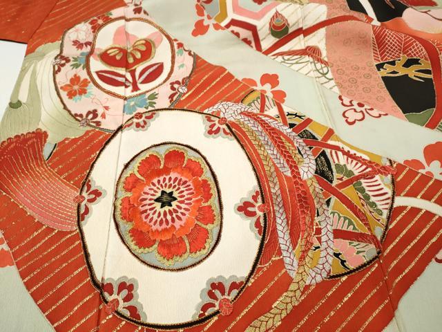 平和屋本店●アンティーク　大正ロマン　振袖　駒刺繍　鼓宝尽くし花文　金彩　正絹　逸品　CABL8632ut