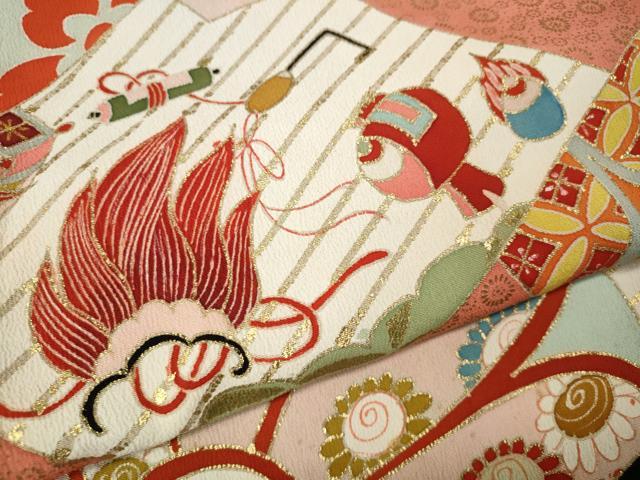 平和屋本店●アンティーク　大正ロマン　振袖　駒刺繍　鼓宝尽くし花文　金彩　正絹　逸品　CABL8632ut