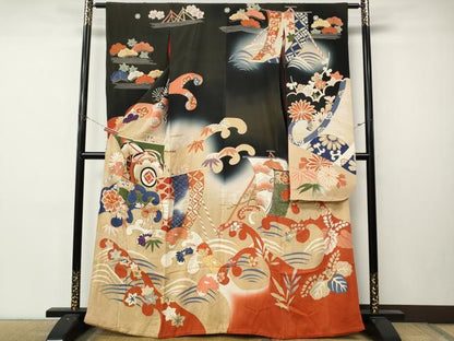 平和屋本店●アンティーク　大正ロマン　振袖　駒刺繍　立波船花文　暈し染め　正絹　逸品　CABL8633ut