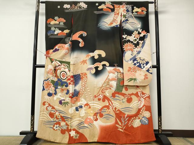 平和屋本店●アンティーク　大正ロマン　振袖　駒刺繍　立波船花文　暈し染め　正絹　逸品　CABL8633ut