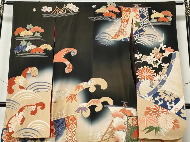 平和屋本店●アンティーク　大正ロマン　振袖　駒刺繍　立波船花文　暈し染め　正絹　逸品　CABL8633ut